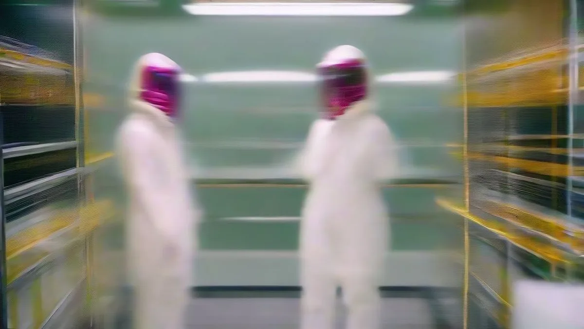 A technician wearing full cleanroom protective apparel inspects silicon fabrication equipment inside a microchip production facility.
