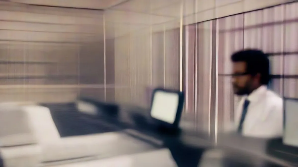 A financial professional working at a multi-monitor trading desk in a modern corporate setting