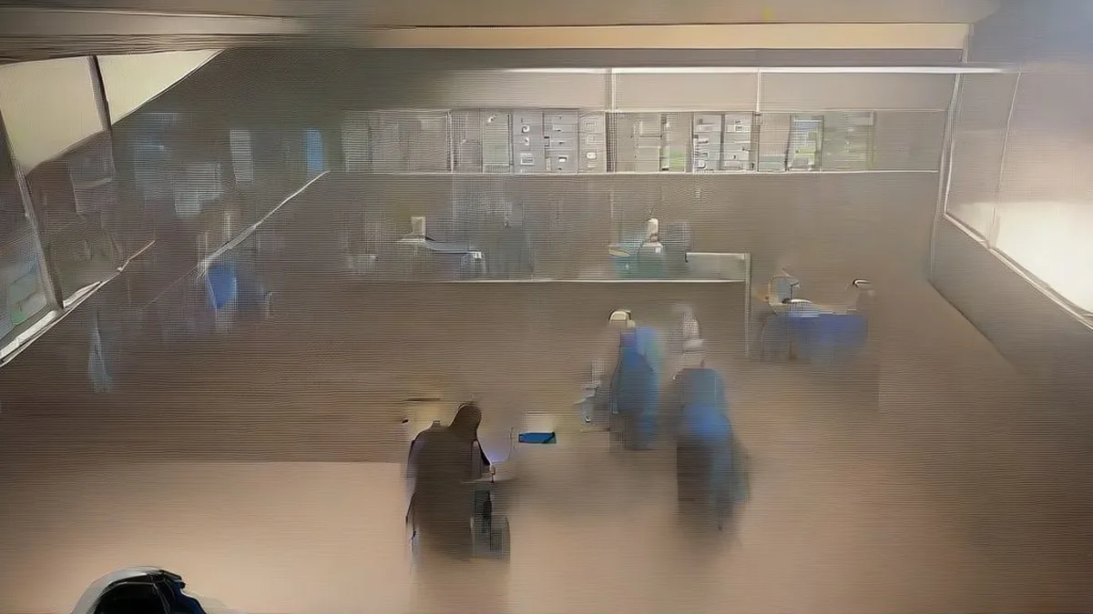 Election workers sorting paper ballots on a table inside a brightly lit municipal polling hall.