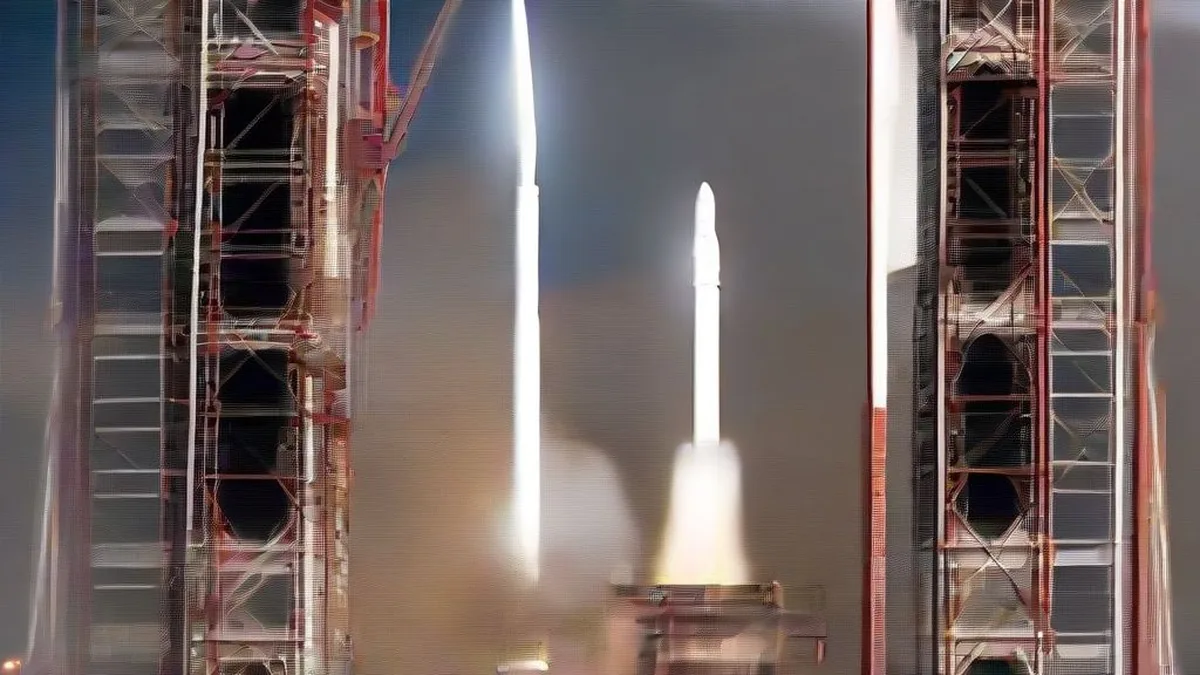 A heavy launch vehicle standing on the coastal launch pad at Sriharikota spaceport