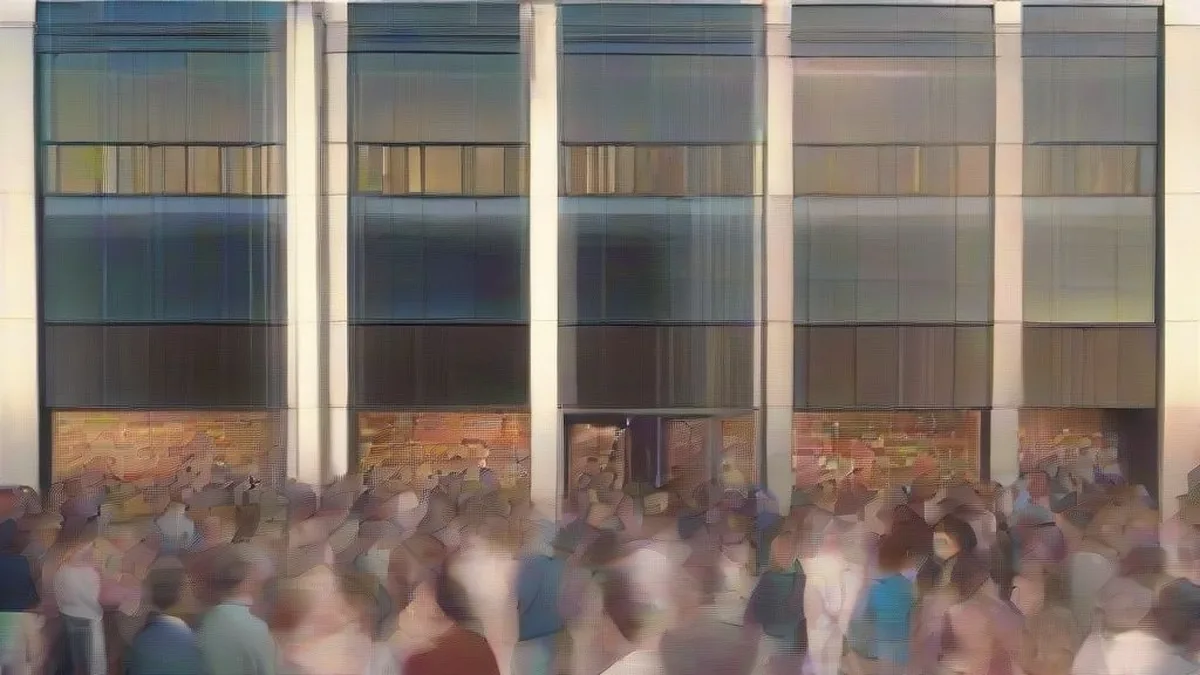A large crowd of moviegoers outside a modern cinema multiplex at twilight