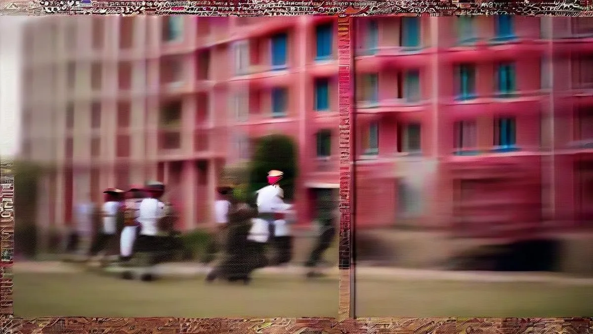 Police personnel stationed near the boundary wall of an educational campus in New Delhi