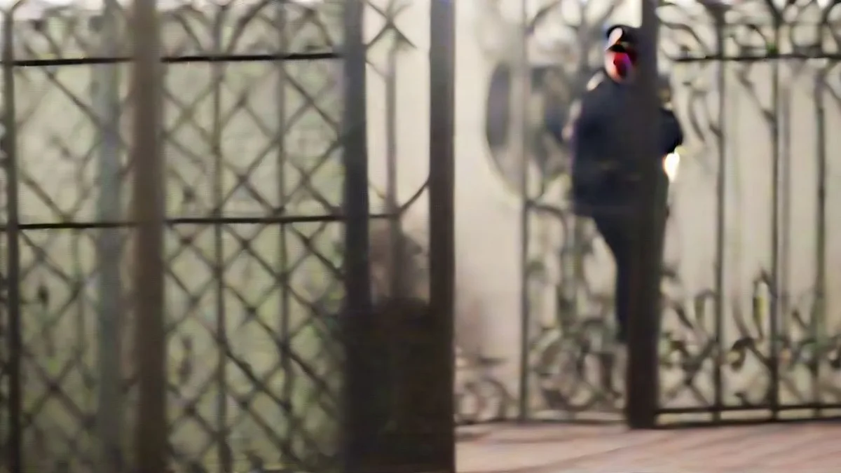 Security personnel stationed outside a closed campus gate at Jamia Millia Islamia