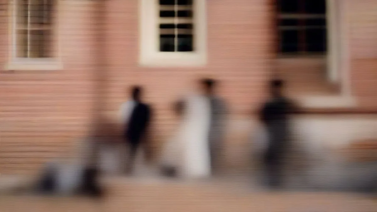 University students standing in discussion outside an administrative building on campus