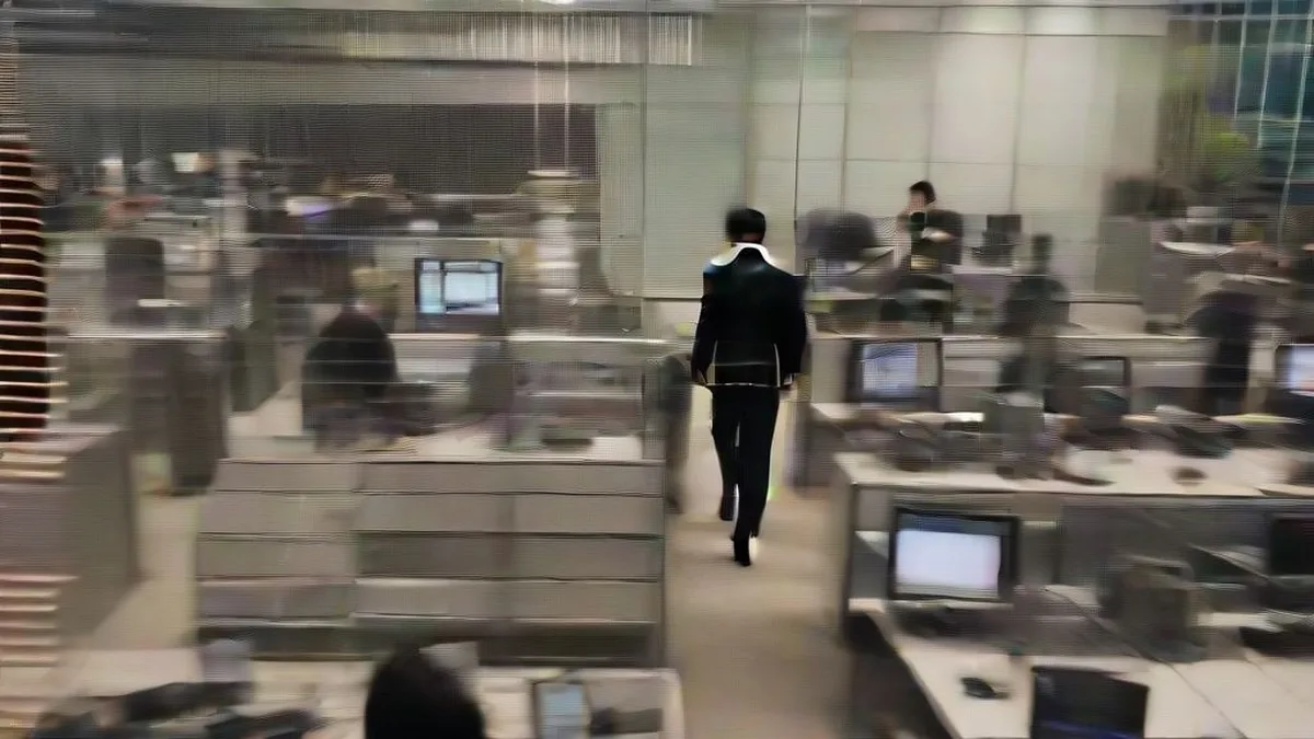 A financial analyst seated at a workstation with multiple monitors on a modern trading floor in Tokyo.