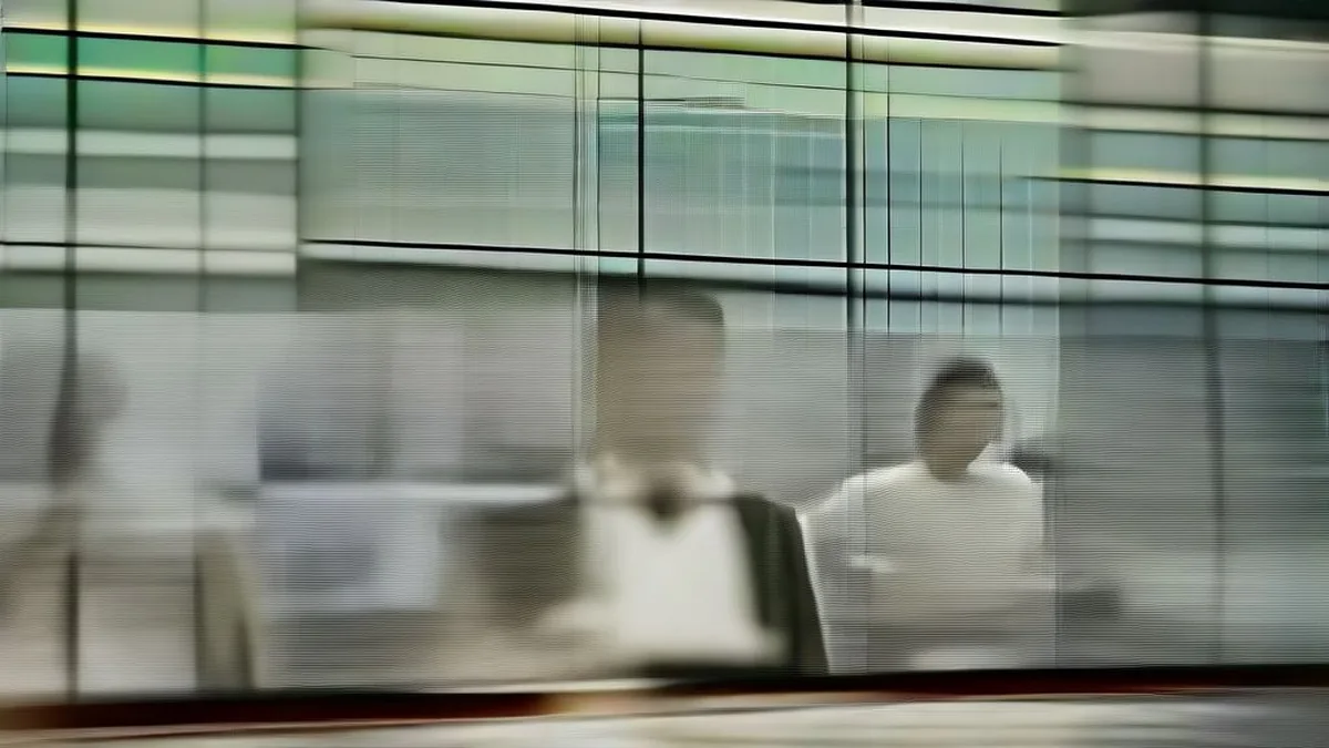 Stock market professionals working at computer terminals on a modern trading floor