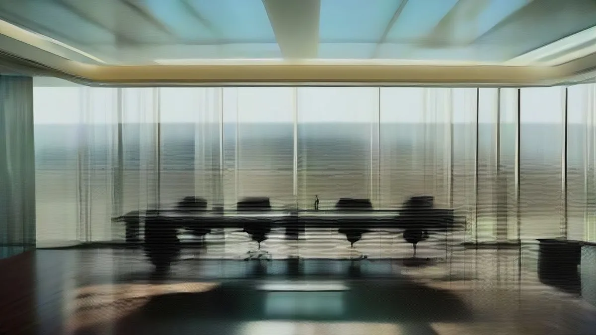 Corporate executives in formal attire seated around a boardroom table during a high-stakes financial meeting.