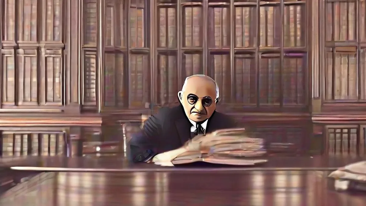 Former Supreme Court judge seated at a polished conference desk in a library during a public address