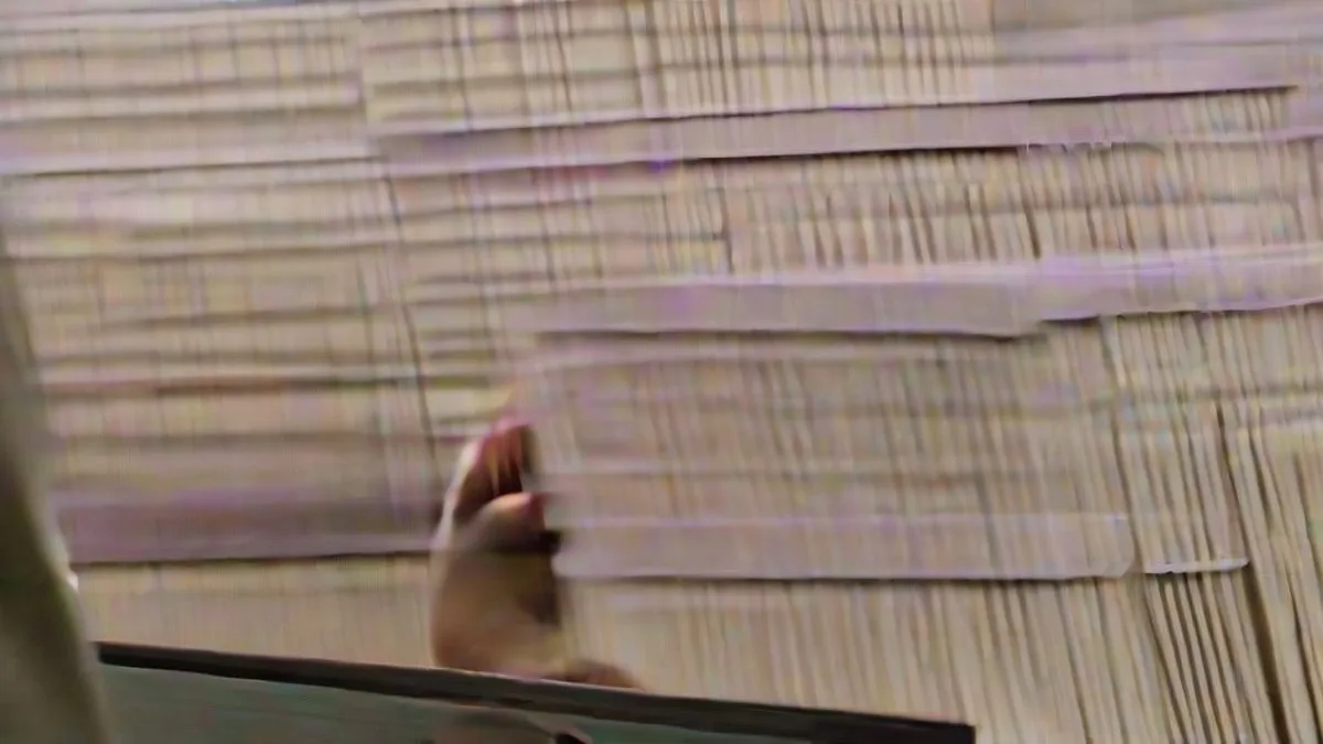 An election official at a desk reviewing civic registration files and ledgers