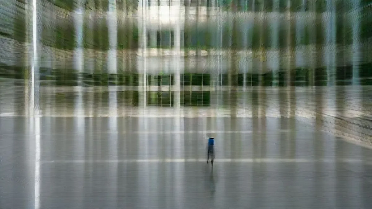 Modern corporate glass campus in Bengaluru with tech professionals walking outdoors