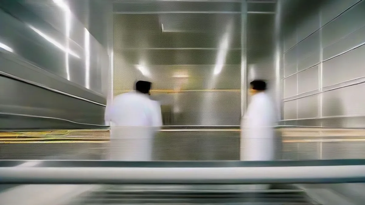 Workers inspecting an automated pharmaceutical production line inside a clean manufacturing facility