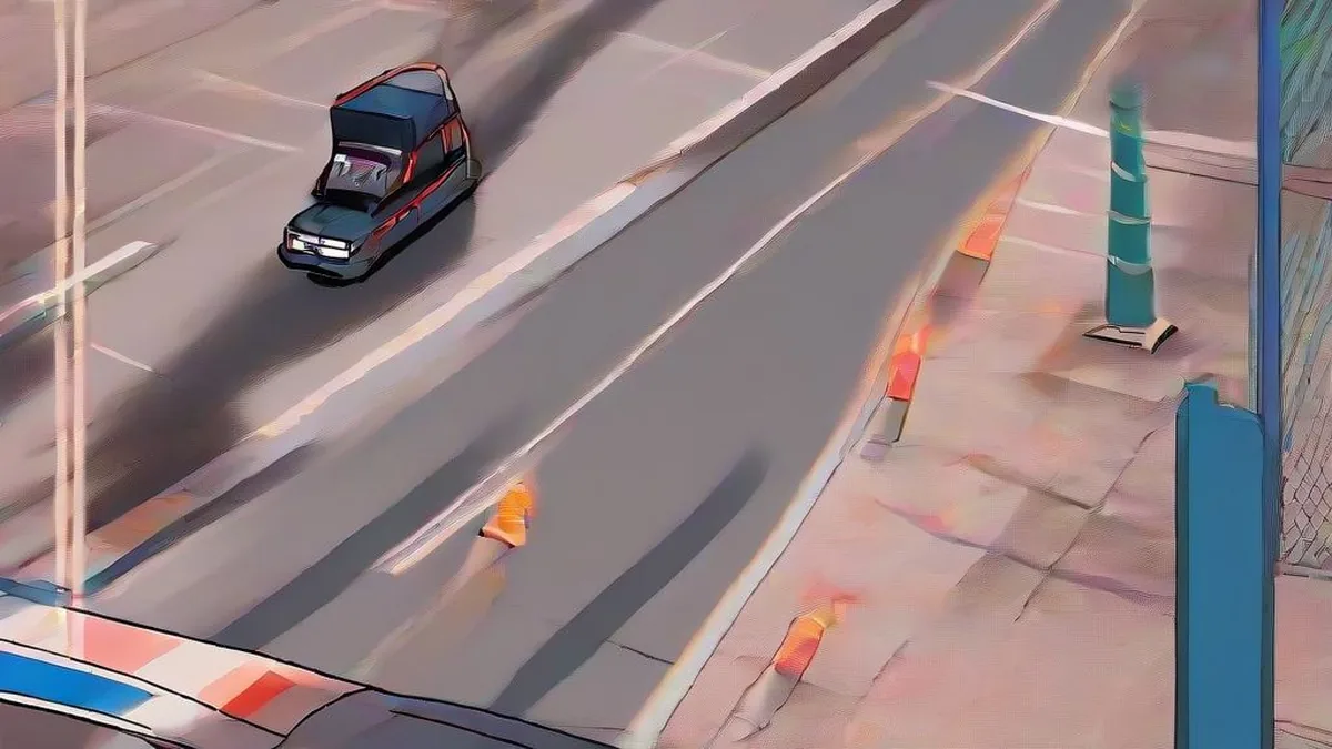 Police emergency vehicles and traffic safety cones at an evening accident investigation scene on a paved road