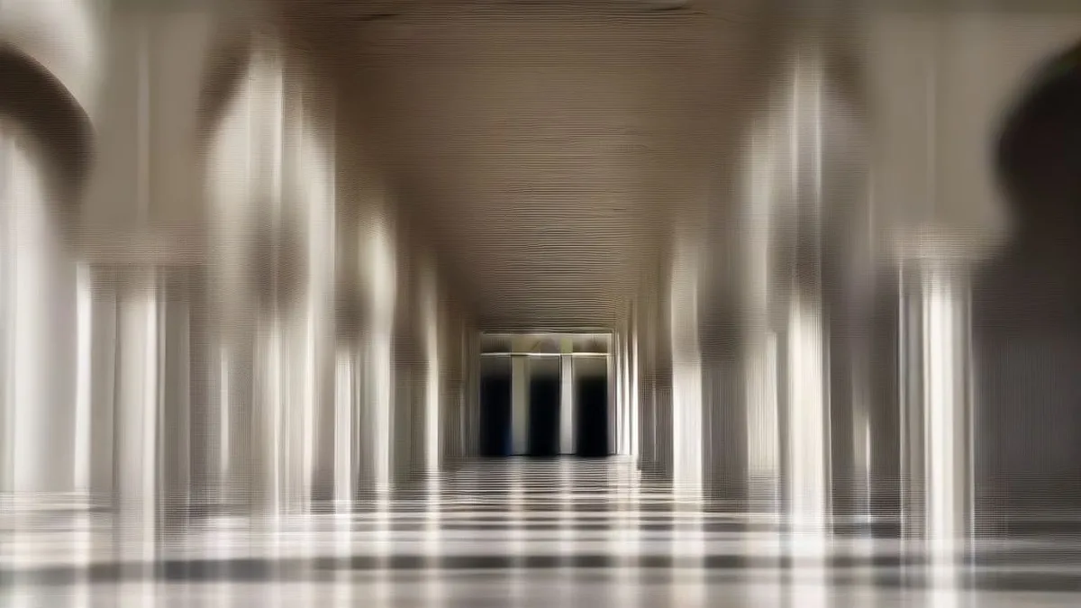 Advocates walking along the colonnade corridor of an Indian High Court building