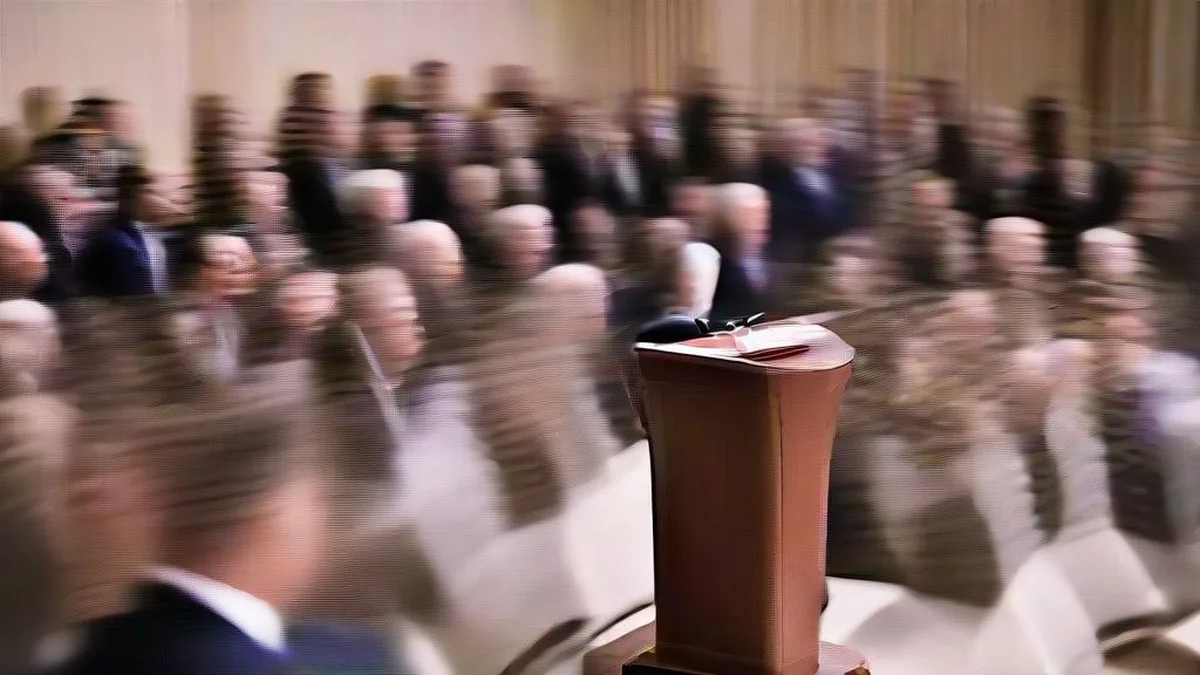 A speaker addressing delegates at an economic symposium regarding interest rate impacts on market valuations.