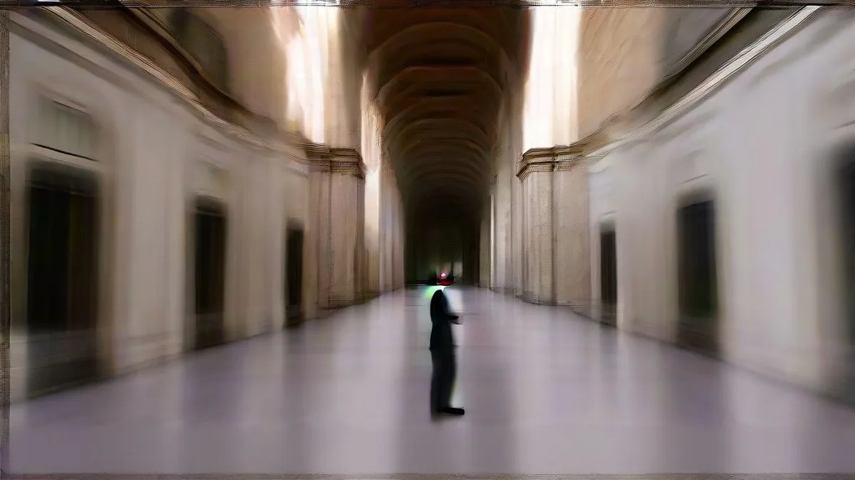 Financial policymaker walking through a neoclassical institution hallway with soft natural lighting.