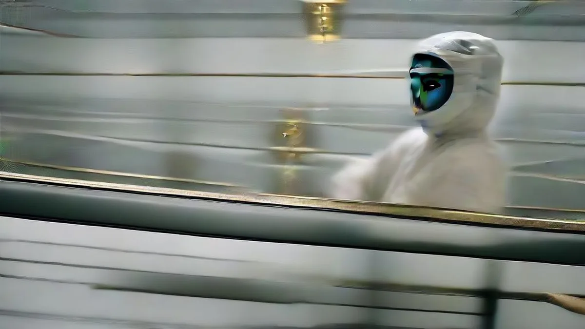 Aerospace manufacturing technicians examining electronic defense hardware in an industrial cleanroom facility