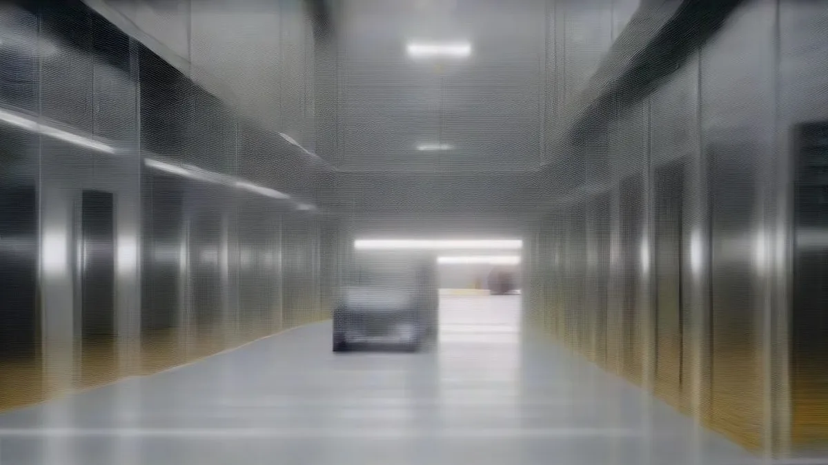 A luxury modern off-road vehicle inside an automotive assembly manufacturing facility