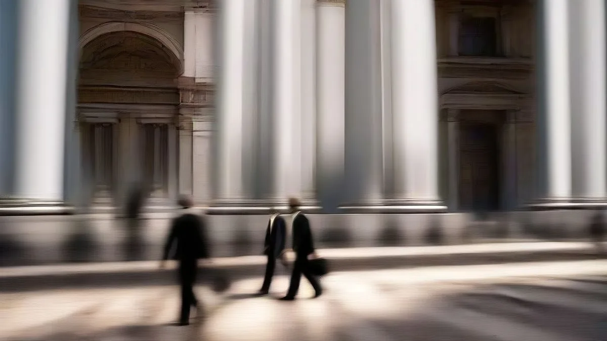 Government officials walking through a neoclassical state palace courtyard in South America