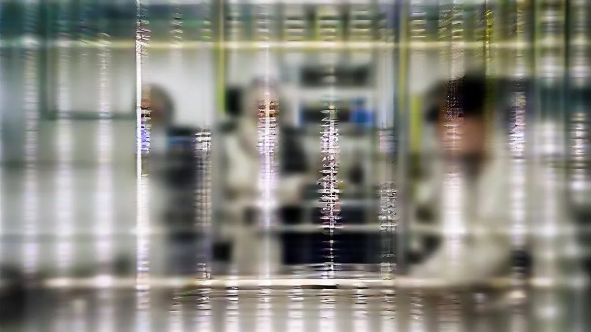 Engineers working on advanced hardware in an electronics development laboratory.