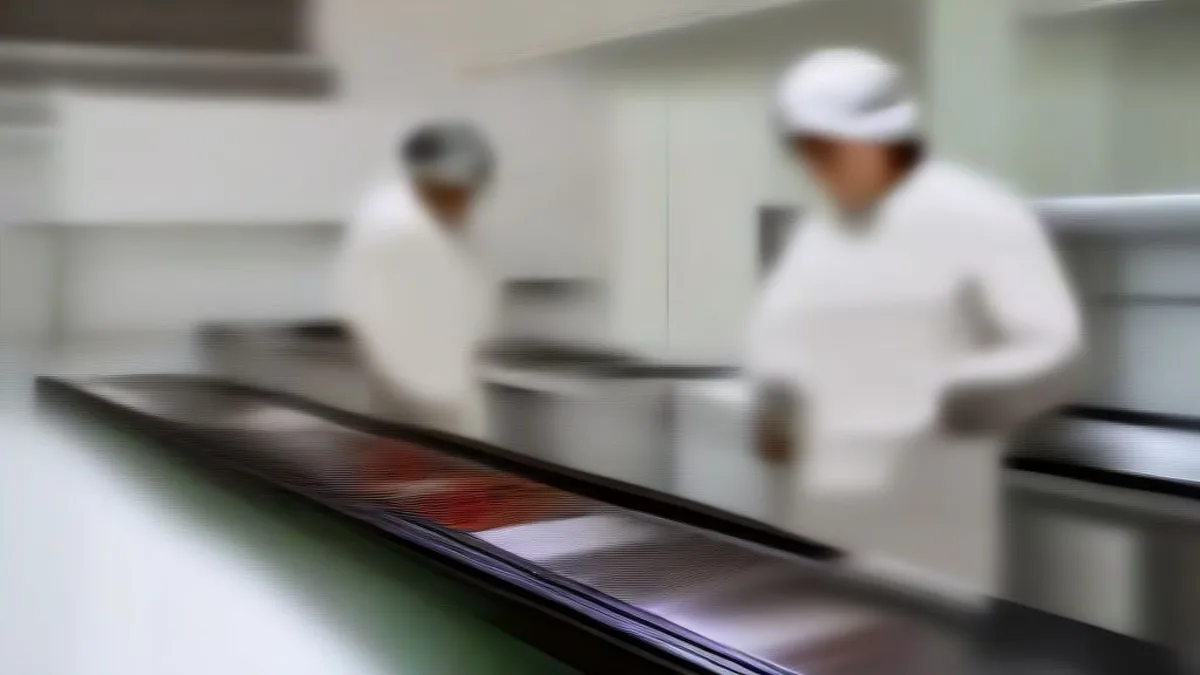 Food safety inspectors in white coats and protective gear conducting an inspection in an industrial commercial kitchen