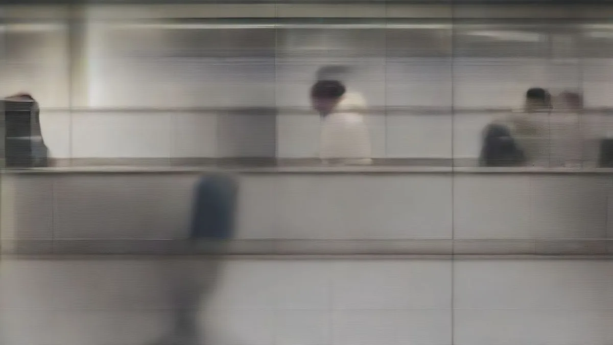 A financial trader looking at glowing terminal screens on a bustling corporate trading floor