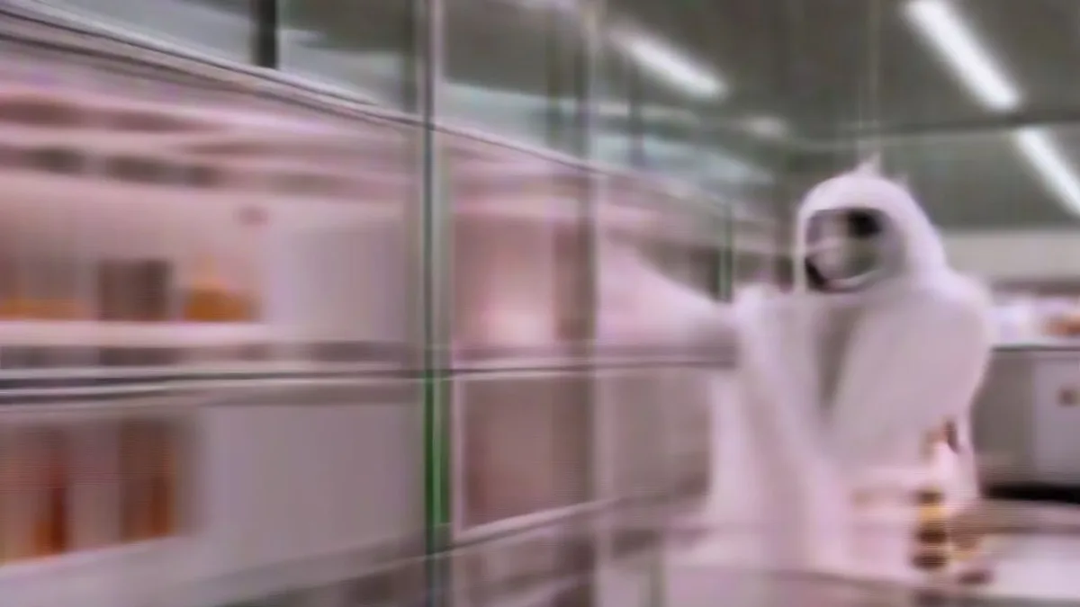 A technician in cleanroom gear inspecting a silicon wafer in a semiconductor fabrication facility.