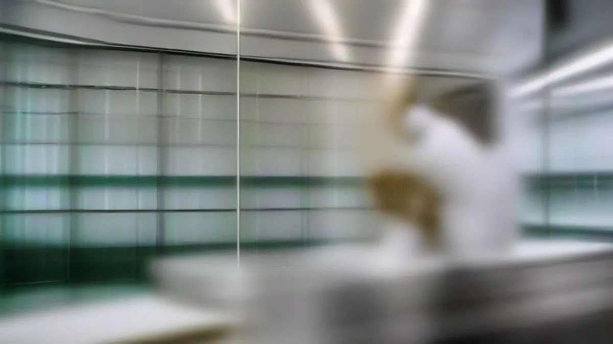 Scientist in a clean laboratory inspecting a metal specimen with precision instruments