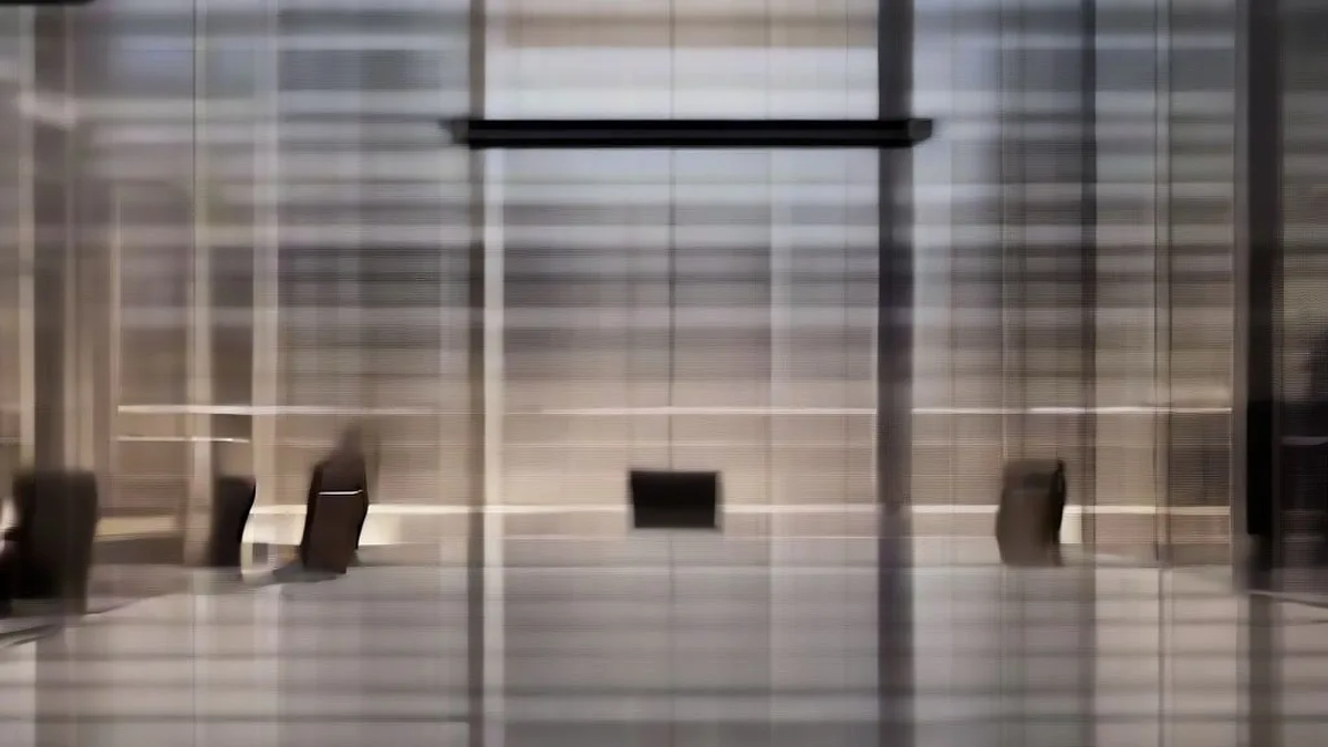 An empty modern corporate boardroom overlooking an urban skyline at dusk.