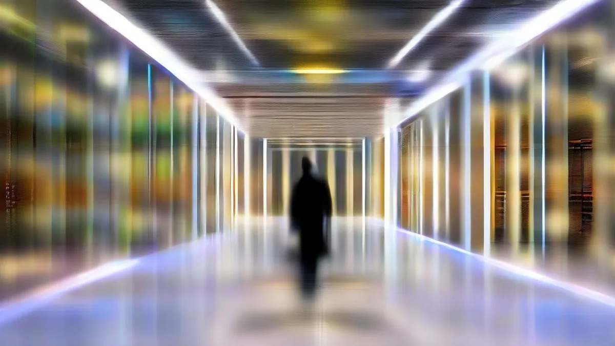A modern enterprise server room corridor with glowing racks and an engineer checking system performance.