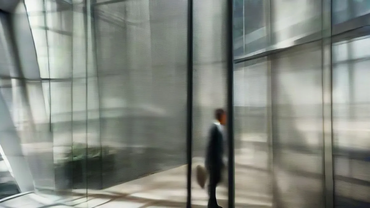A corporate professional walking through a bright modern corporate campus atrium