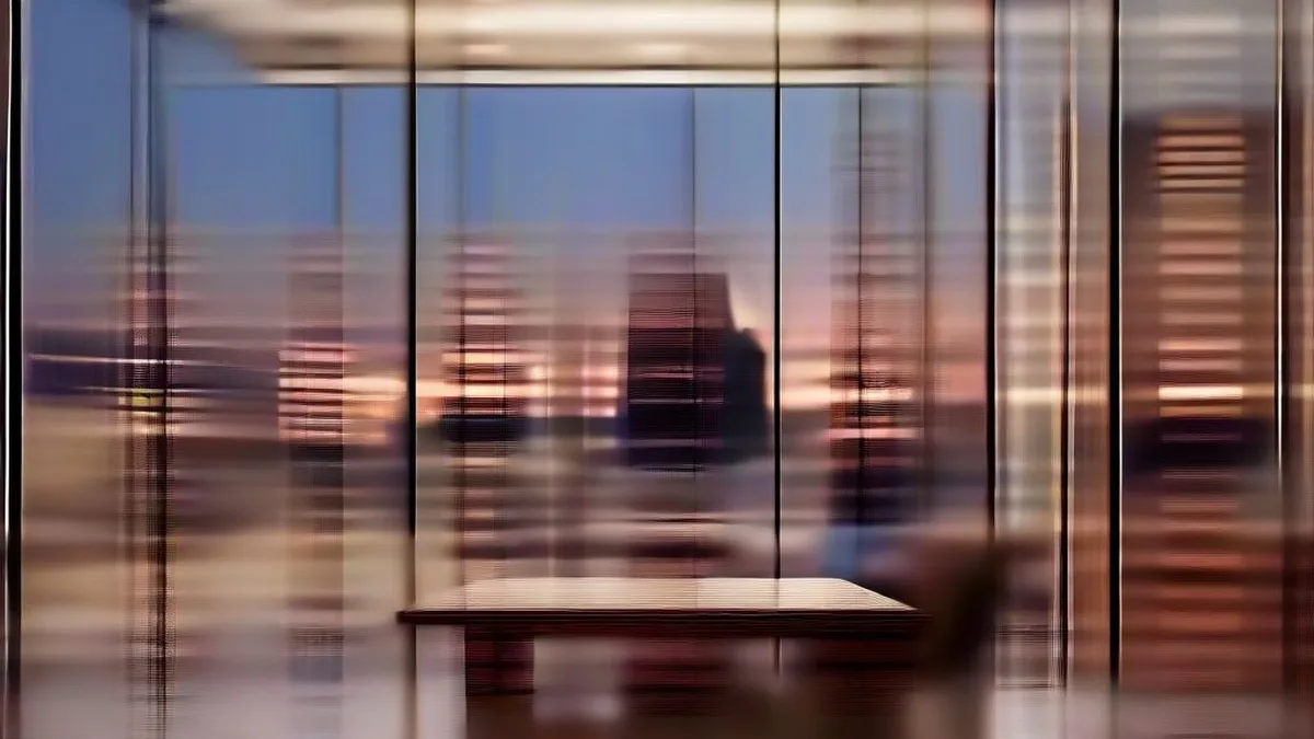 A corporate professional seated thoughtfully inside a contemporary office overlooking a city skyline at dusk