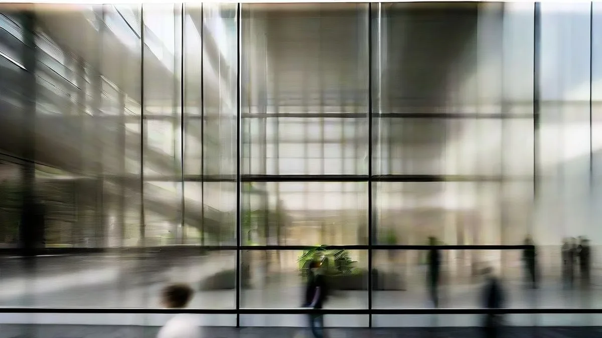A modern corporate office atrium with professionals walking through natural light