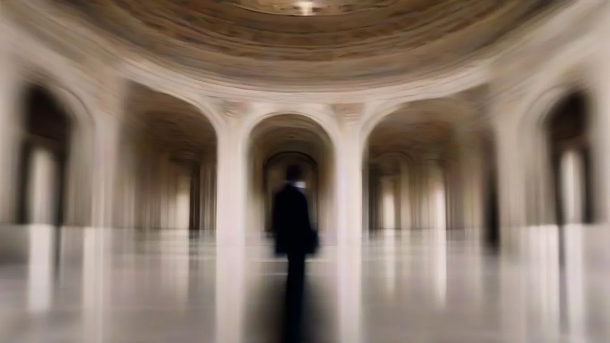A lawmaker walking down an ornate marble hallway inside the United States Capitol.