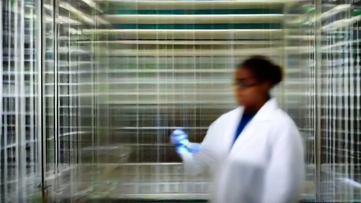 Biotech researcher in cleanroom gear holding medical vials in a pharmaceutical laboratory setting