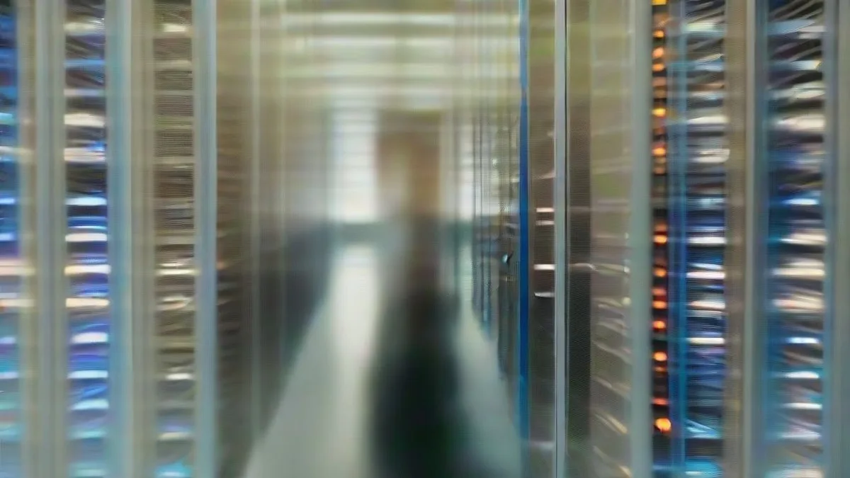 An engineer sitting at a workstation monitoring high-density server racks in a modern AI datacenter.