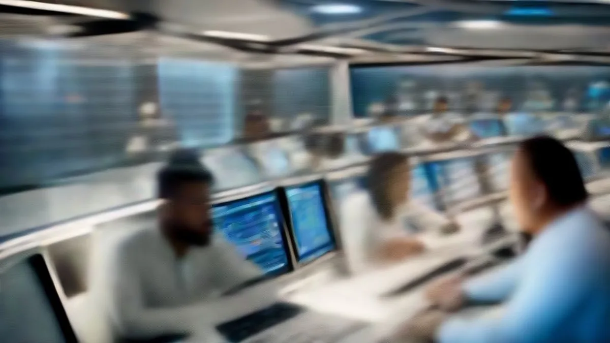 Aerospace engineers working at computer consoles inside a satellite flight operations room