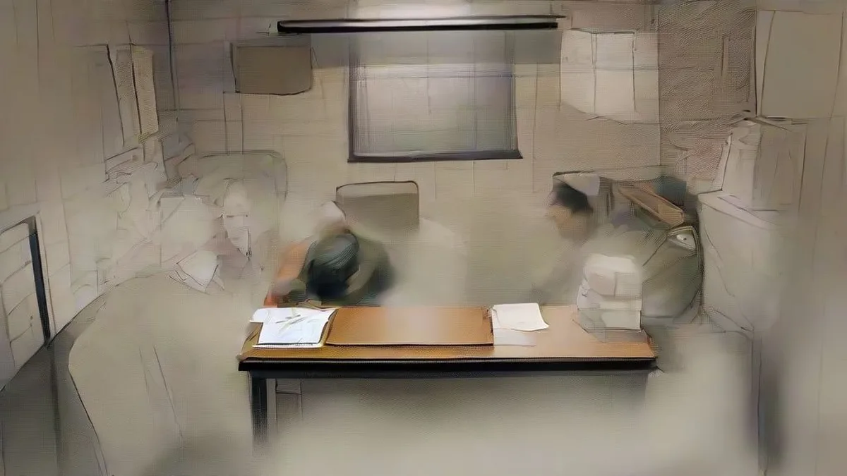 Police officers reviewing case files at an investigative desk inside a station