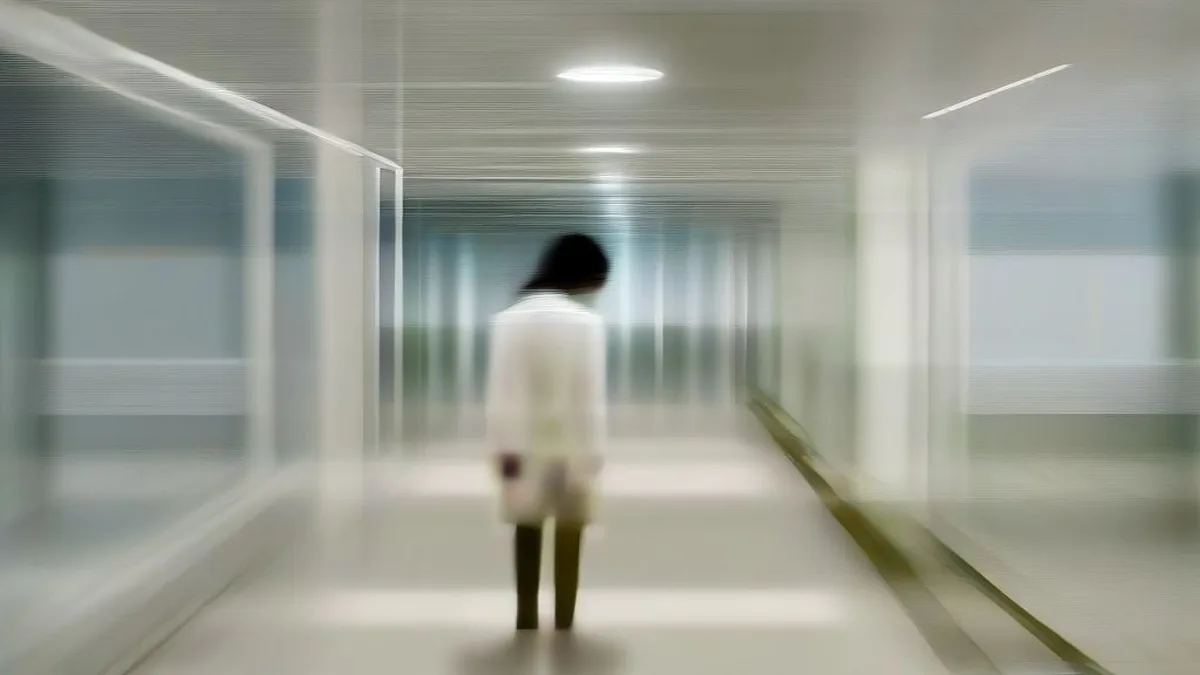A doctor in a white coat with a stethoscope walking through a hospital corridor