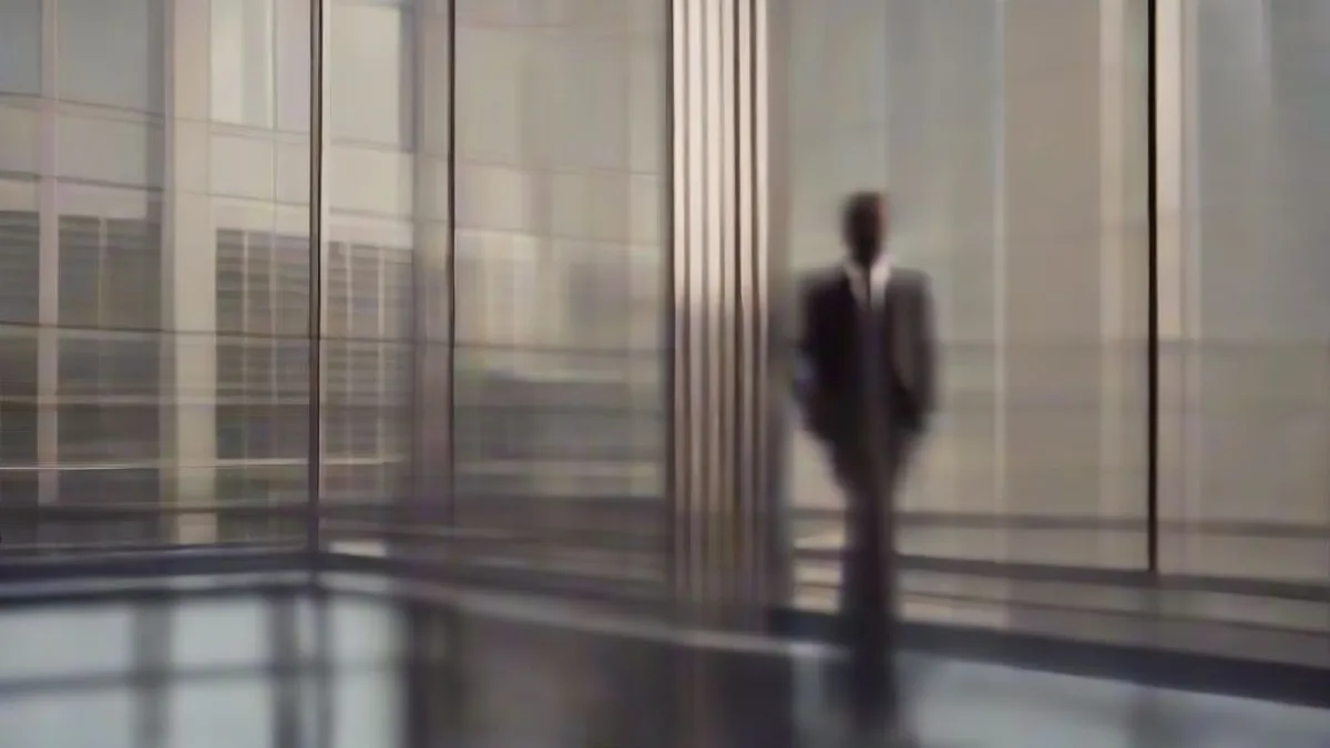 Business executive reviewing investment files in a high-rise corporate office at dusk