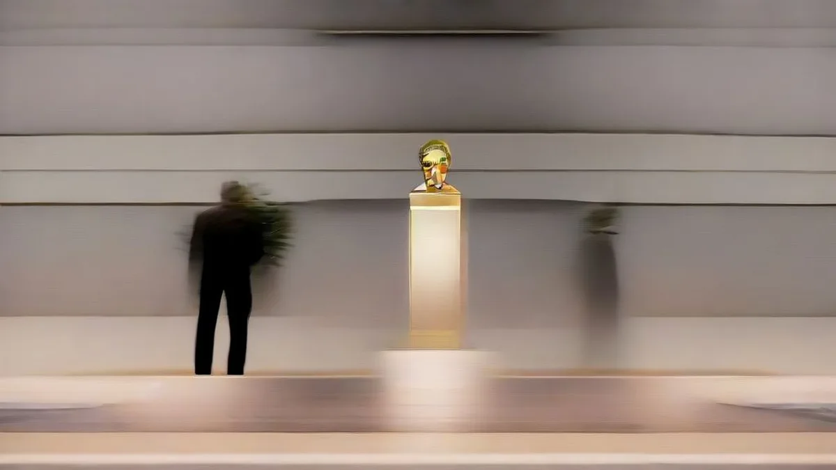 Wide angle view of an illuminated official diplomatic ceremonial platform at dusk.