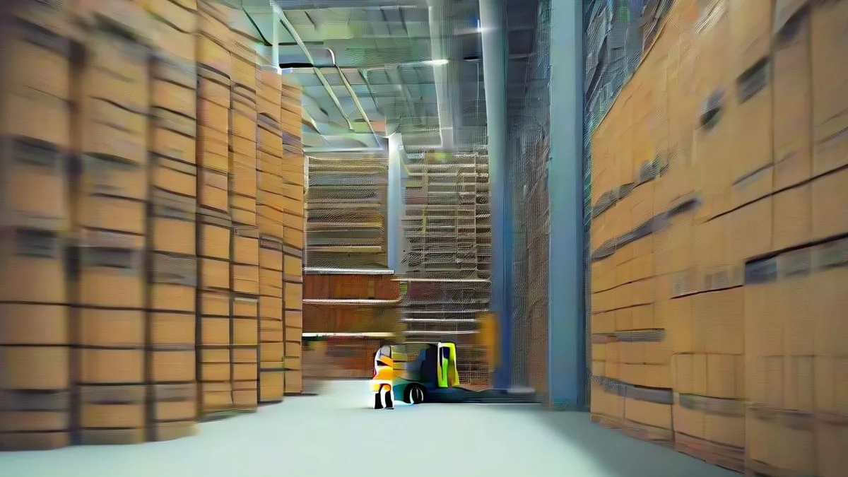 A worker in a safety vest walking past stacked cardboard boxes inside an industrial distribution warehouse.