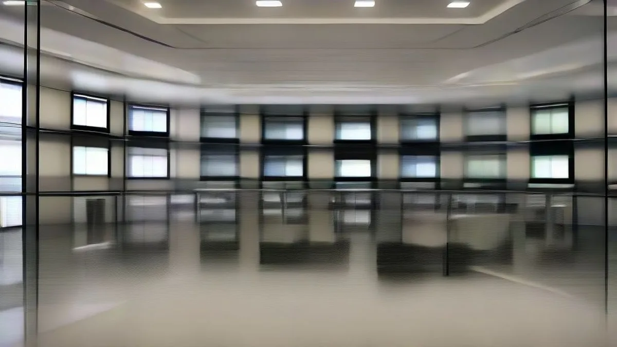 A financial trader at a multi-monitor trading desk overlooking a financial district skyline.
