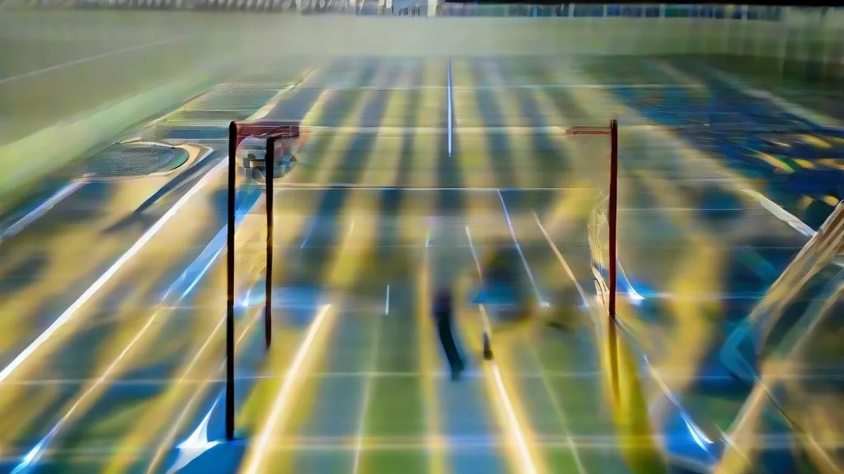 A field hockey player standing pensively on a synthetic pitch holding a stick under stadium lights