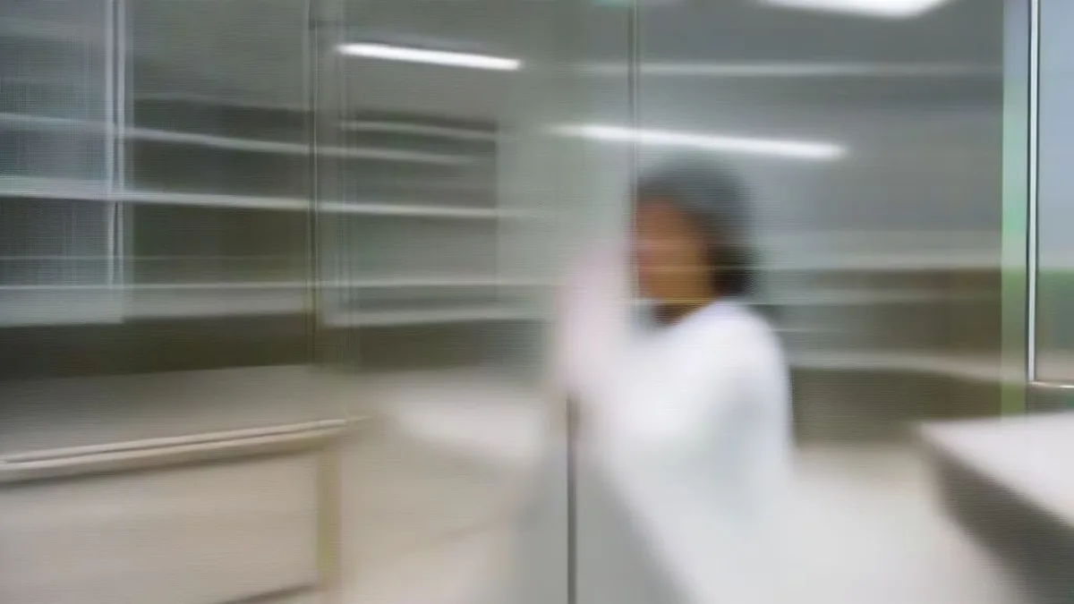 A laboratory scientist in a white coat inspects a medical vial in a modern research setting