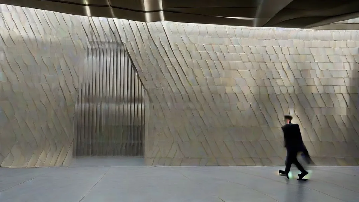 A corporate executive walking through a modern glass-walled boardroom corridor at dusk.