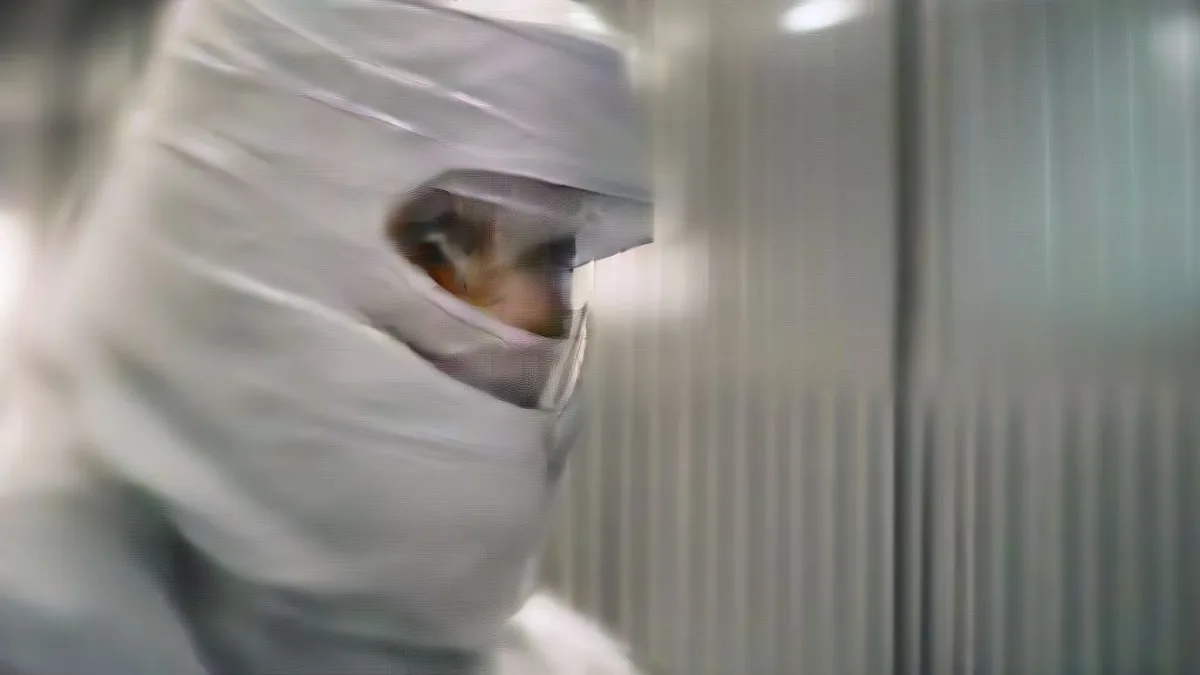 Semiconductor cleanroom engineer inspecting a silicon microchip wafer under industrial fabrication lighting