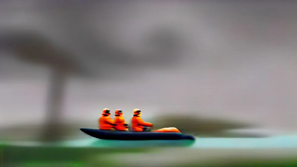 Emergency response personnel preparing an inflatable rescue boat on a windswept beach under dark cyclonic clouds