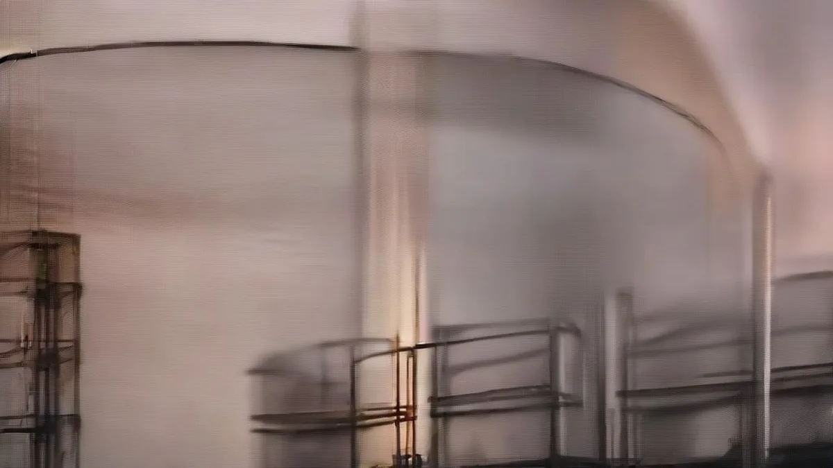 Crude oil storage tanks and refinery piping at dusk