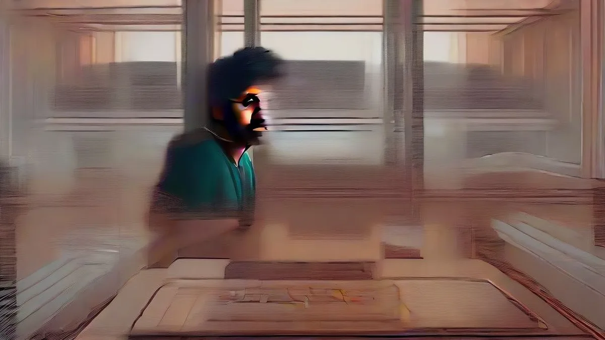 A software engineer working at a computer workstation in a dimly lit modern workspace