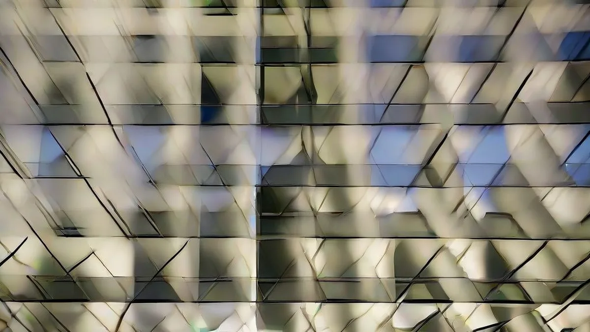 Exterior view of a modern technology office building with glass windows illuminated at dusk